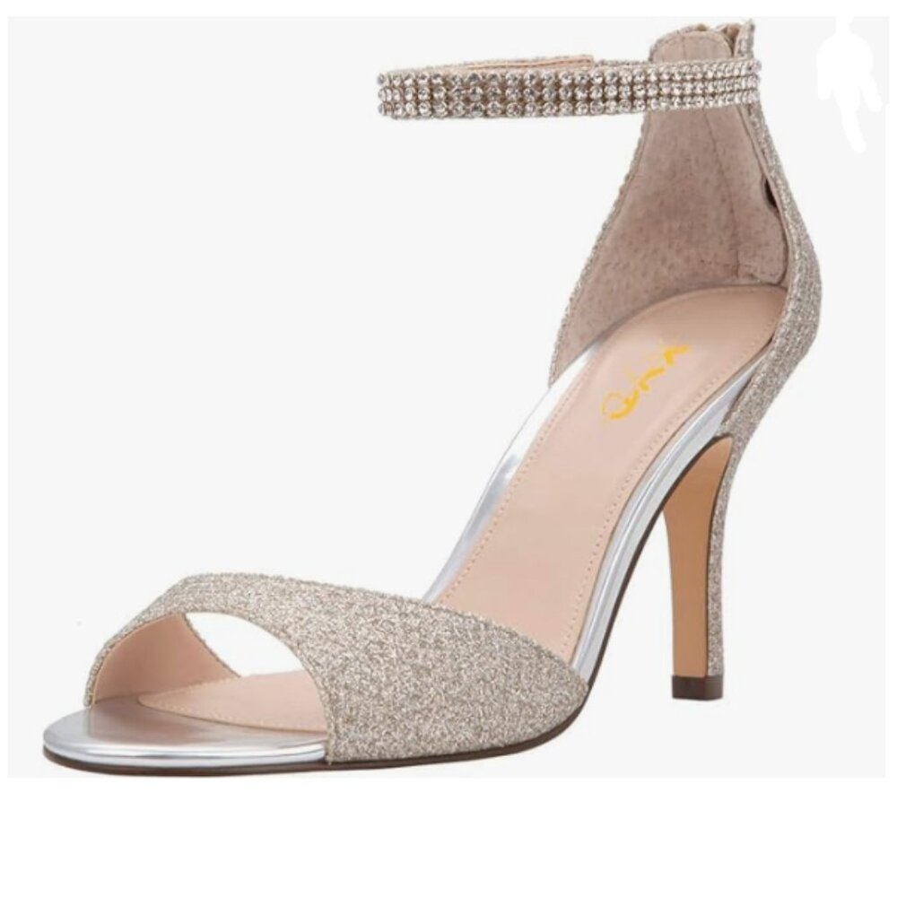 XYD Beige Glitter Open Toe Rhinestones Ankle Strap High Heel Sandals Dress Shoes